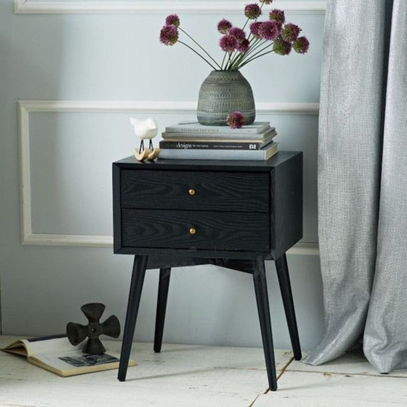 Contemporary Nordic Rectangular Wood Side Table 2-Drawer For Living Room