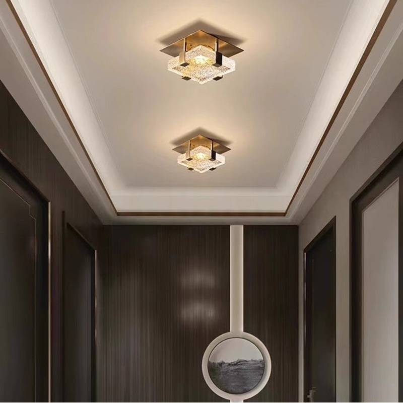 Modern Luxury Cube Water Pattern Stainless Steel Glass LED Semi-Flush Mount Ceiling Light For Living Room