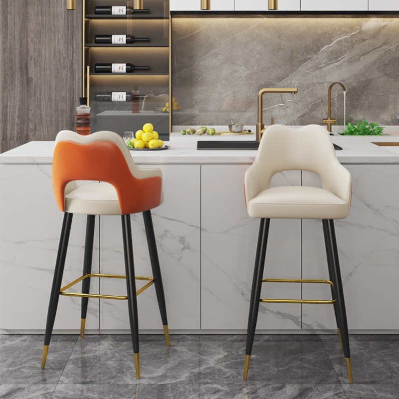 Modern Minimalist Square Wave Backrest Leather Carbon Steel Bar Stool Armrest For Dining Room