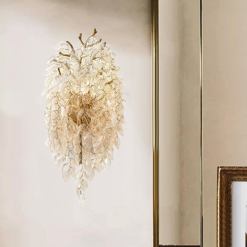 Traditional French Leaf Copper Frame Glass Shade 1-Light Wall Sconce Lamp For Living Room