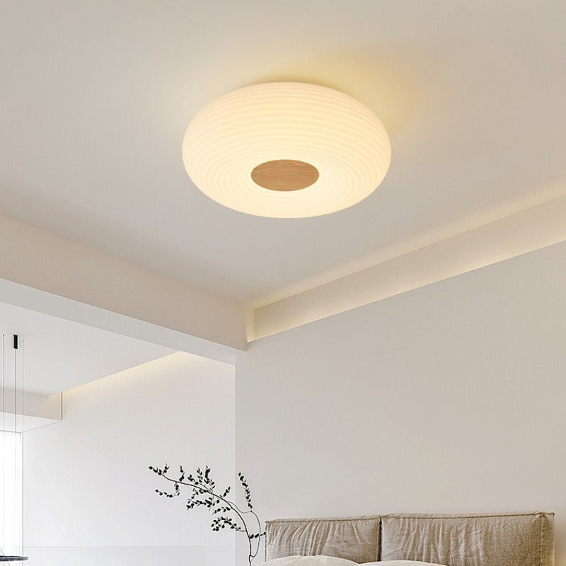 Traditional Japanese Hardware PE Round Wood Grain LED Flush Mount Ceiling Light For Living Room
