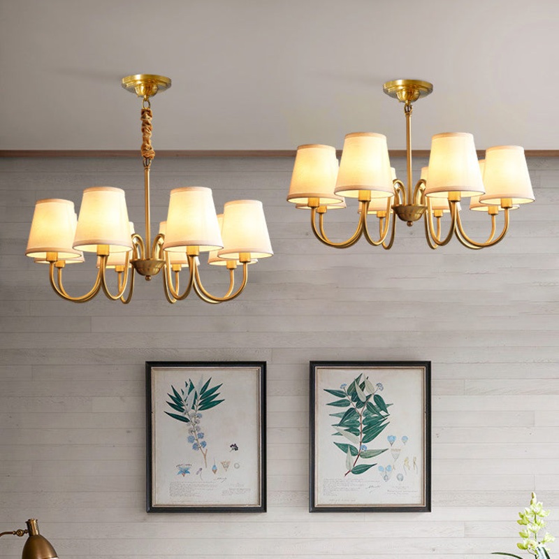 Traditional Vintage Branch Bend Round Fabric Brass 3/5/6/8/10 Light Chandelier For Living Room
