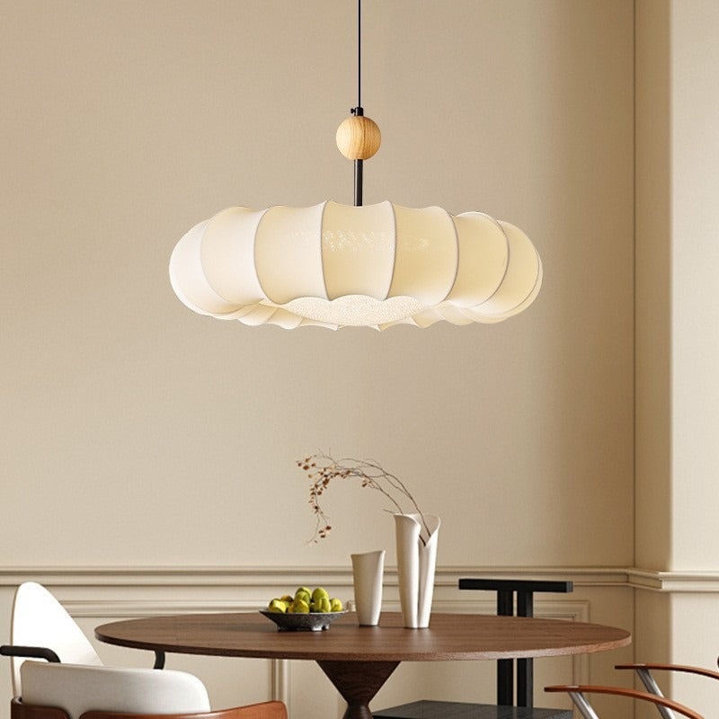 Traditional Vintage Circular Silk Shade Iron Solid Wooden Base 3-Light Pendant Light For Bedroom