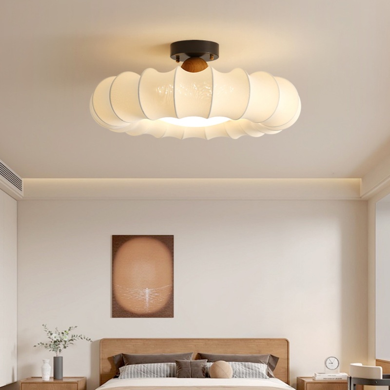 Traditional Vintage Circular Silk Shade Iron Solid Wooden Base 3-Light Semi-Flush Mount Ceiling Light For Bedroom