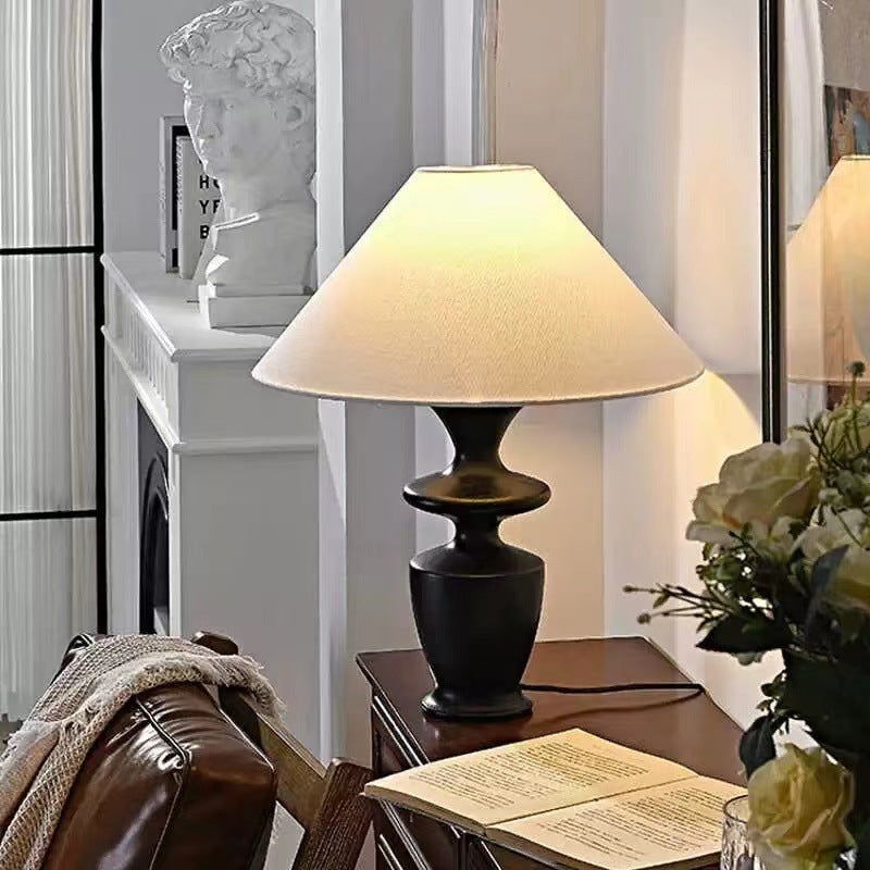 Traditional Vintage Defender Base Trapezoidal Fabric Shade Wood 1-Light Table Lamp For Bedroom