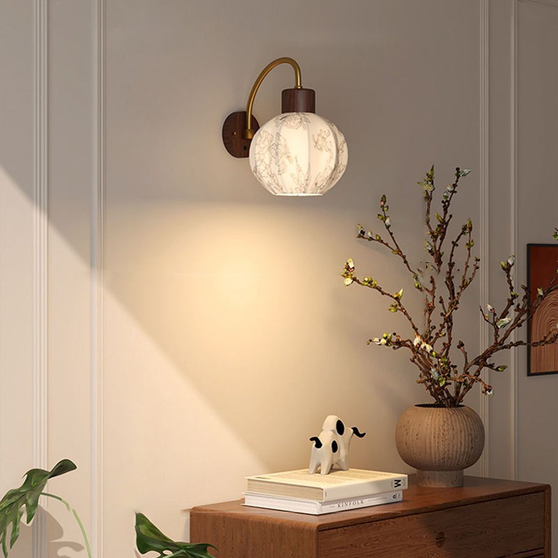 Traditional Vintage Spherical Cylinder Flower Pattern Iron Wooden Fabric 1-Light Wall Sconce Lamp For Bedroom