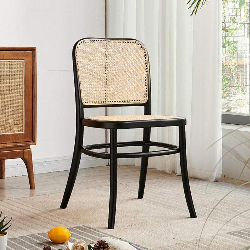 Contemporary Retro Square Grid Wood Rattan Dining Chair Backrest For Living Room