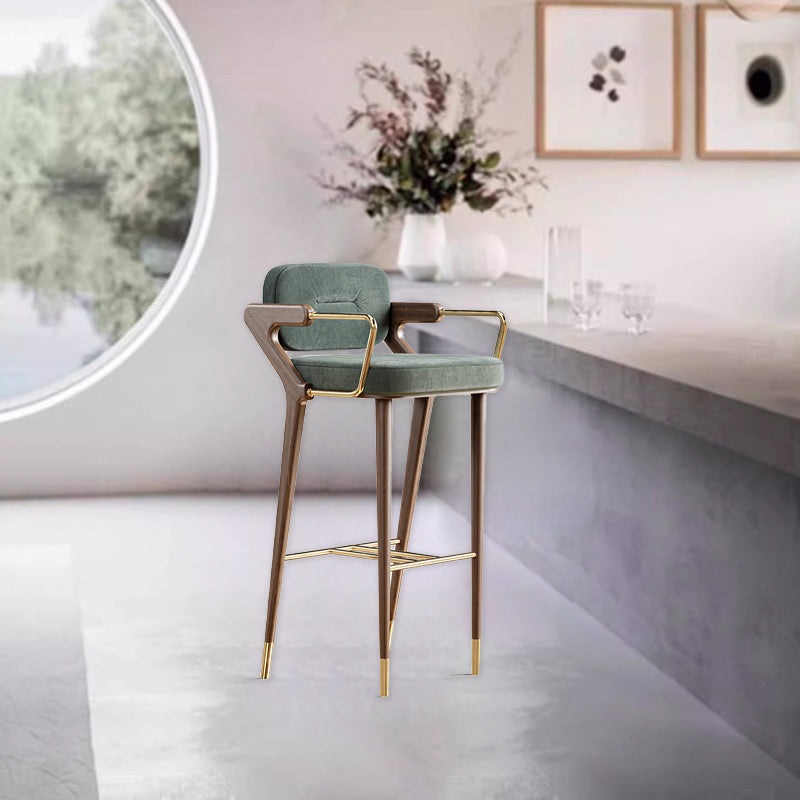 Contemporary Scandinavian Fabric Brass Walnut Sponge Square Bar Stool Backrest Armrest For Kitchen