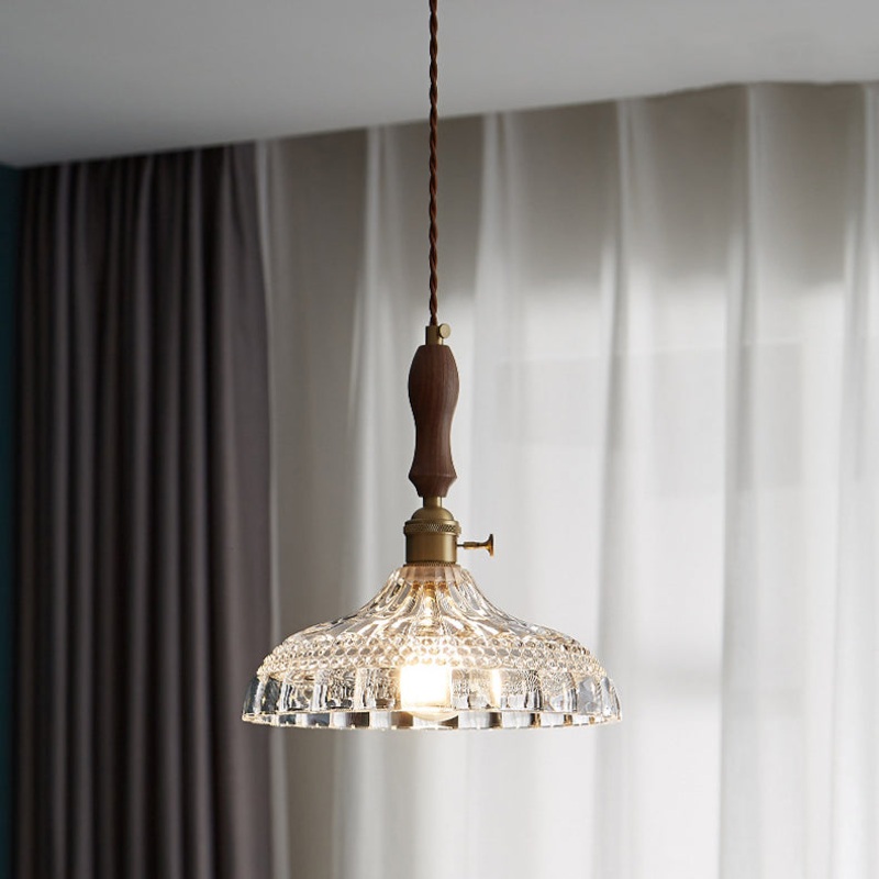 Traditional Japanese Round Flower Glass Brass Walnut 1-Light Pendant Light For Living Room