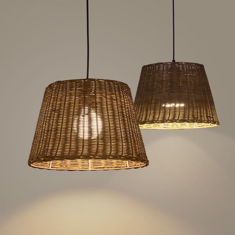 Traditional Vintage Round Cone Rattan Iron 1-Light Pendant Light For Living Room