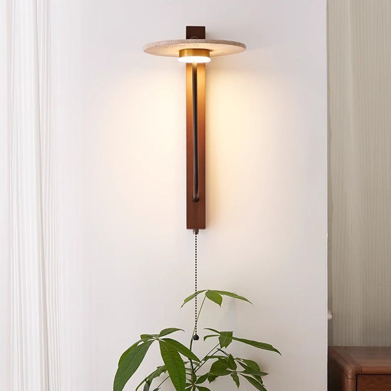 Traditional Vintage Solid Wood Column Travertine Round Shade LED Wall Sconce Lamp For Living Room