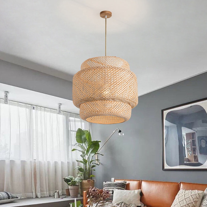 Contemporary Scandinavian Cylinder Reticulated Bamboo 1-Light Pendant Light For Living Room