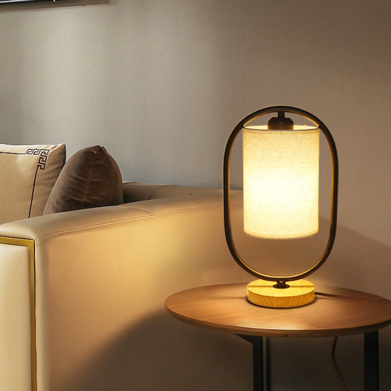 Contemporary Scandinavian Oval Cylinder Solid Wood Metal Fabric 1-Light Table Lamp For Bedroom