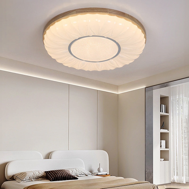 Contemporary Scandinavian Round Dome Iron PS Wood LED Flush Mount Ceiling Light For Bedroom