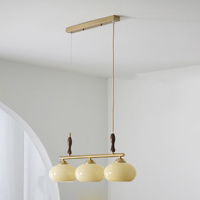 Contemporary Scandinavian Round Linear Iron Wood Glass 3-Light Chandelier For Dining Room