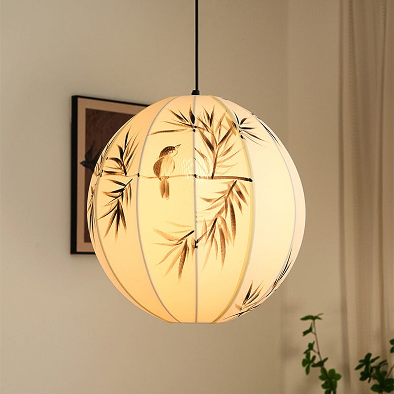 Traditional Chinese Metal Hand-Painted Bamboo Bird Pattern Fabric Round Shade 1-Light Pendant Light For Living Room