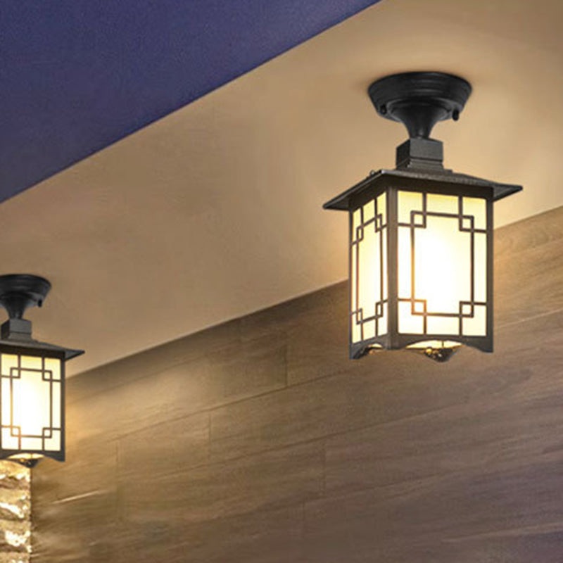 Traditional Chinese Waterproof Iron Aluminum Glass Cylinder Pergola 1-Light Semi-Flush Mount Ceiling Light Outdoor Light For Outdoor Patio