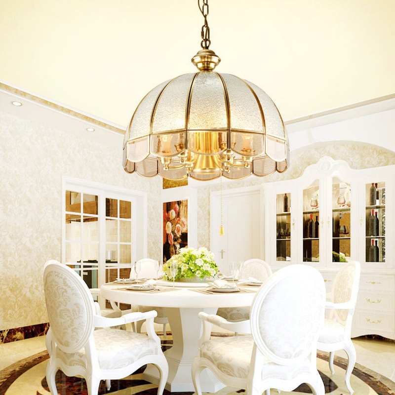 Traditional European Half Round Dome Wavy Edge Full Copper Glass Shade 6-Light Chandelier For Living Room
