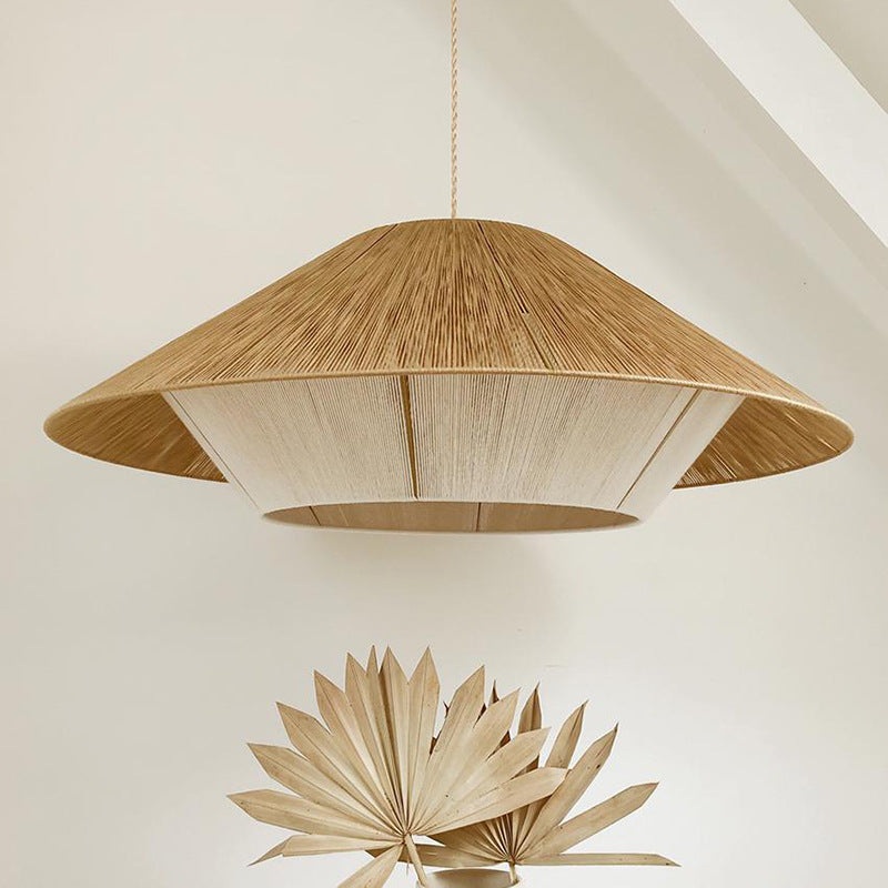 Traditional Japanese Hollowed-Out Hat Shaped Woven Hemp Rope Iron 1-Light Pendant Light For Living Room