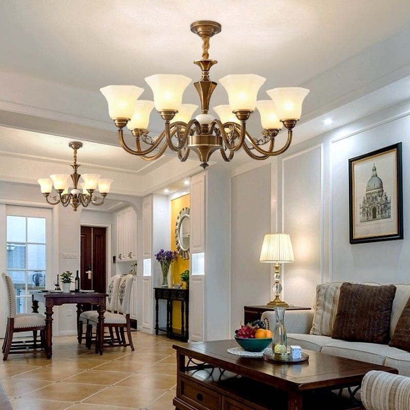 Traditional Rustic Copper Iron Glass Marble Column Bell Frosted 3/6/8/10/15 Light Chandeliers For Living Room