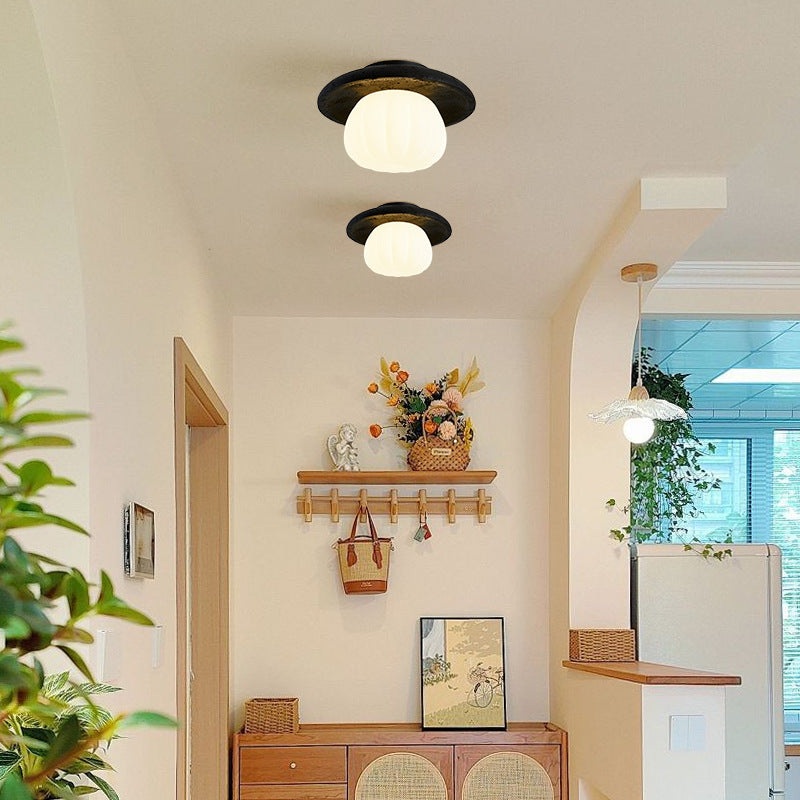 Traditional Vintage Pumpkin Cotton Round PE Black Hole Stone Hardware 1-Light Semi-Flush Mount Ceiling Light For Bedroom