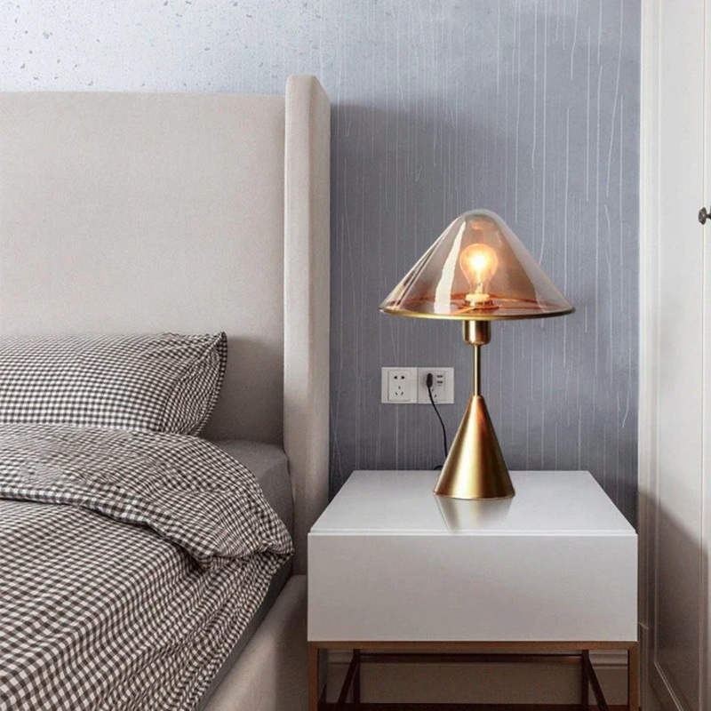 Contemporary Luxury Glass Conical Shade Metal Base 1-Light Table Lamp For Bedroom