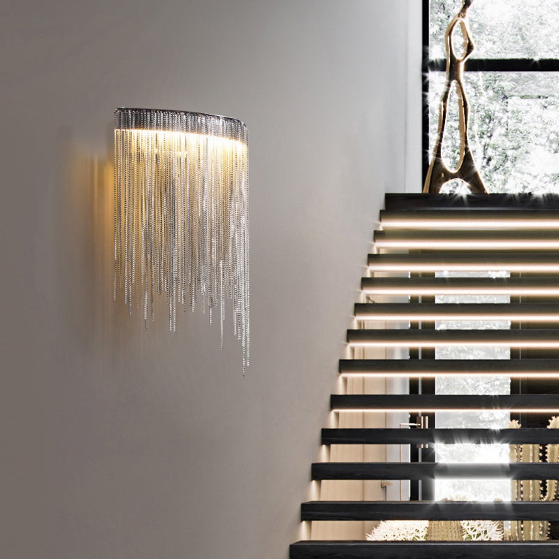 Contemporary Luxury Stainless Steel Aluminum Tassel Chain Arc LED Wall Sconce Lamp For Living Room