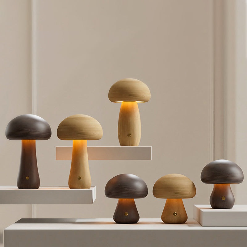 Contemporary Scandinavian Rechargeable Solid Wood Mushroom LED Table Lamp Night Light For Bedside