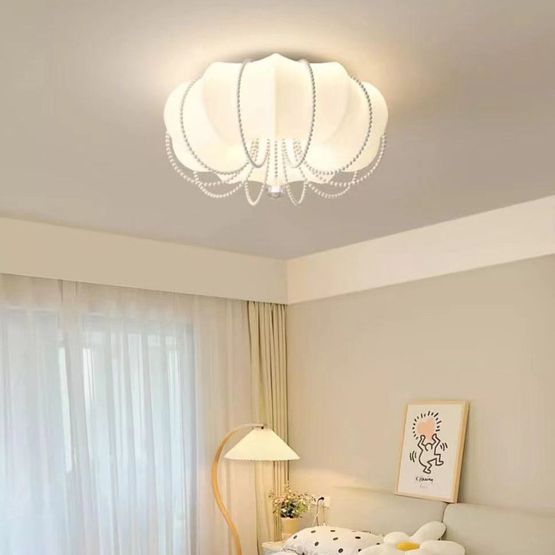 Modern Minimalist Round Cloud Shape Faux Pearl Chain Iron PE Shade LED Flush Mount Ceiling Light For Bedroom