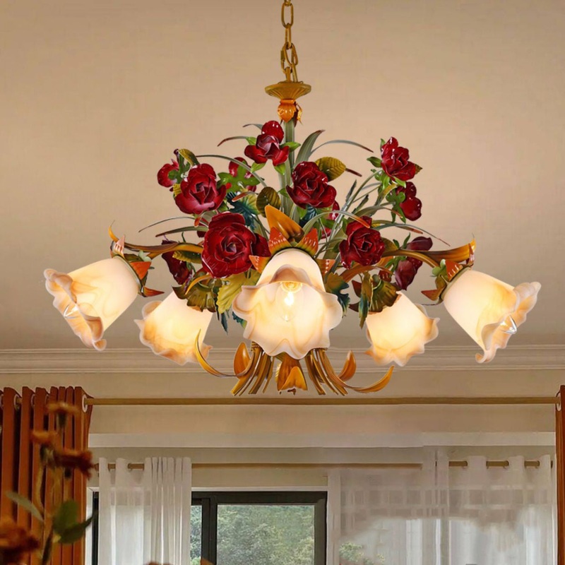 Traditional French Branch Simulation Flower Bouquet Rose Iron Frame Glass Shade 3/5/8 Light Chandelier For Living Room