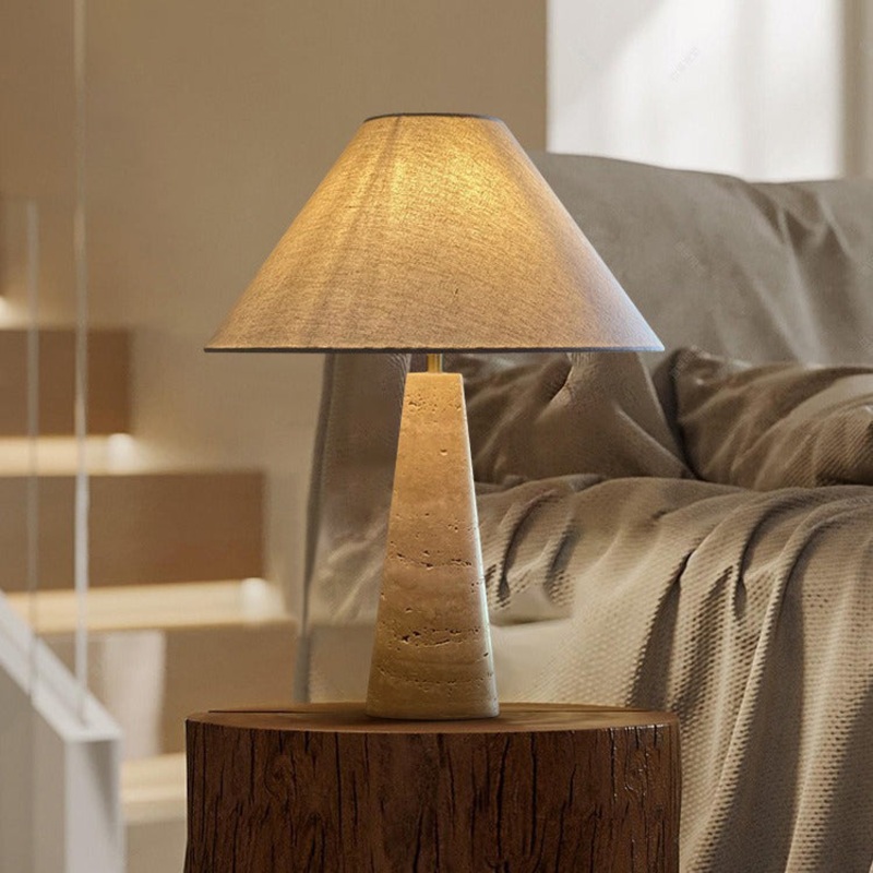 Traditional Japanese Fabric Conical Shade Yellow Travertine Base 1-Light Table Lamp For Study