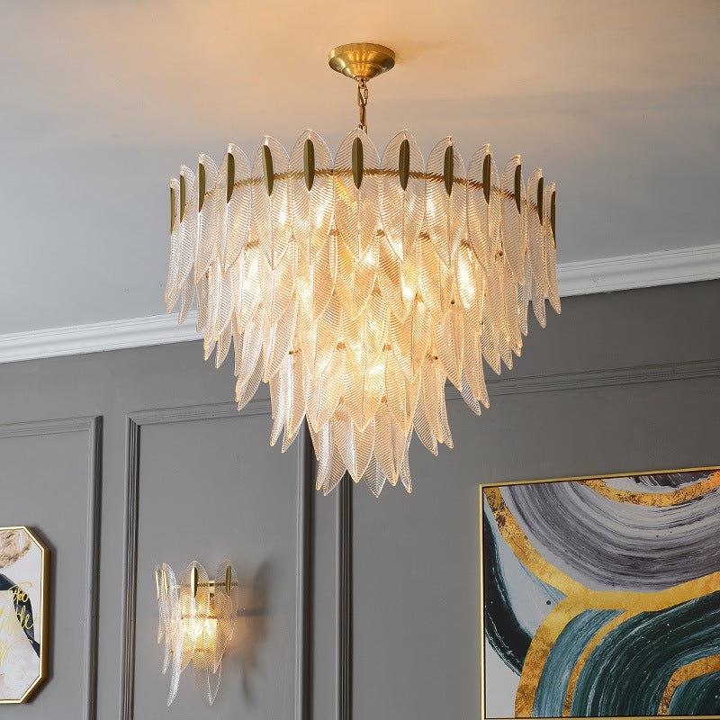Contemporary Creative Feather Round Layered Glass Metal 6/9/12 Light Chandelier For Living Room