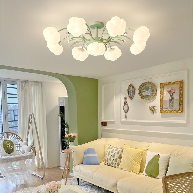 Contemporary Creative Flower Round PE Iron LED Semi-Flush Mount Ceiling Light For Living Room