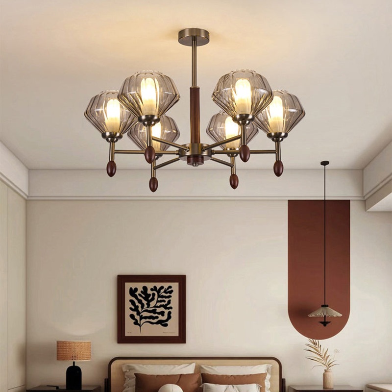 Traditional French Diamond Metal Solid Wood Glass 6/8 Light Chandelier For Living Room