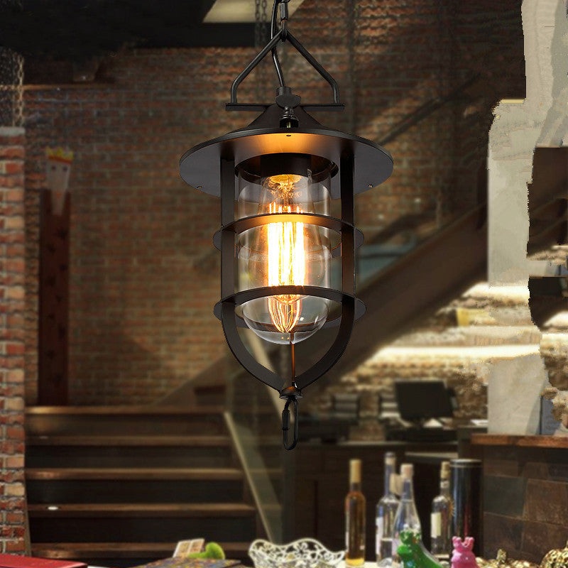 Traditional Rustic Cylinder Iron Glass 1-Light Pendant Light For Living Room
