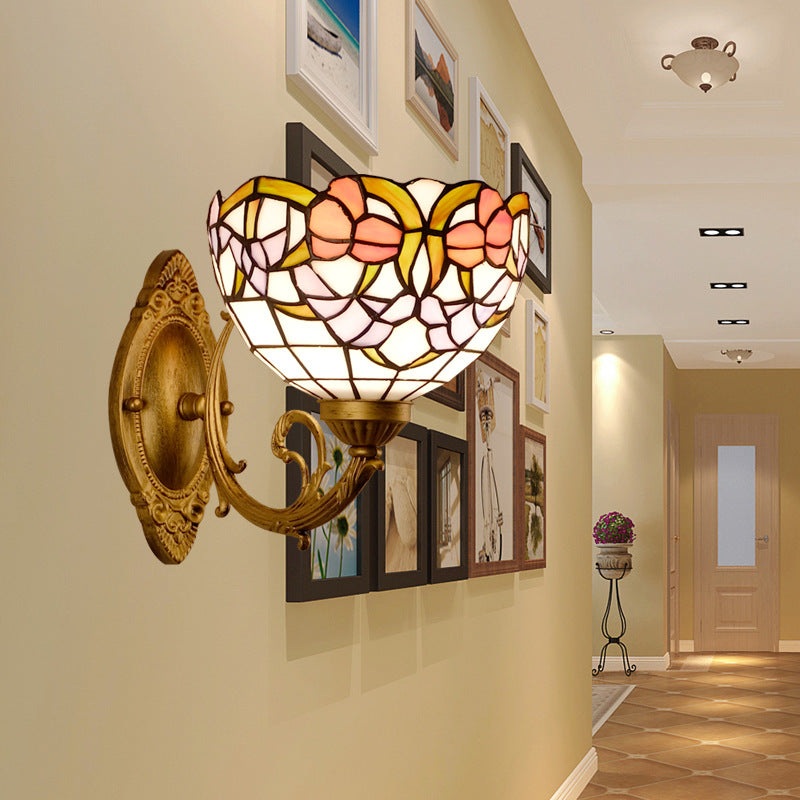 Traditional Tiffany Semicircle Lotus Iron Glass 1-Light Wall Sconce Lamp For Bedroom
