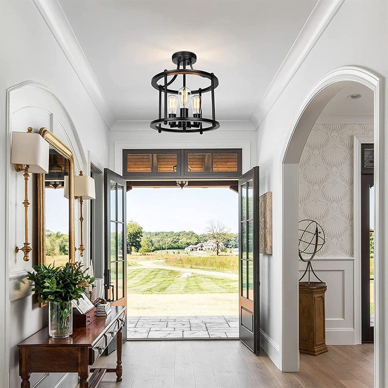 Traditional Vintage Ring Iron 3-Light Semi-Flush Mount Ceiling Light For Living Room