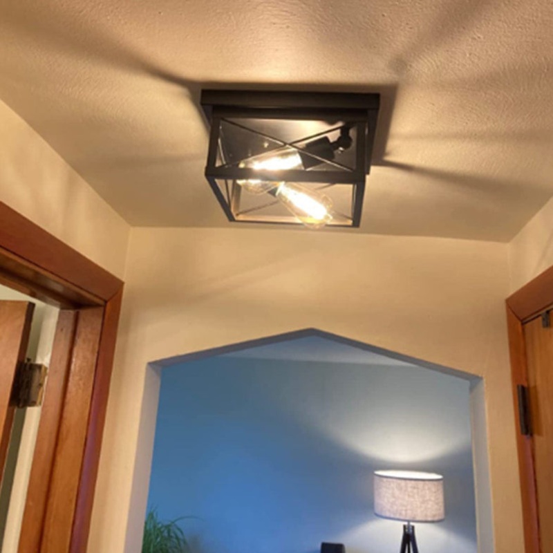 Traditional Vintage Square Rectangular Iron 2-Light Flush Mount Ceiling Light For Living Room