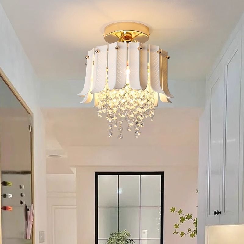 Traditional Vintage Teardrop Iron Ceramic Crystal 1-Light Semi-Flush Mount Ceiling Light For Living Room