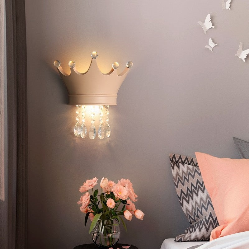 Contemporary Creative Kids Crown Semicircle Resin Crystal 2-Light Wall Sconce Lamp For Bedroom