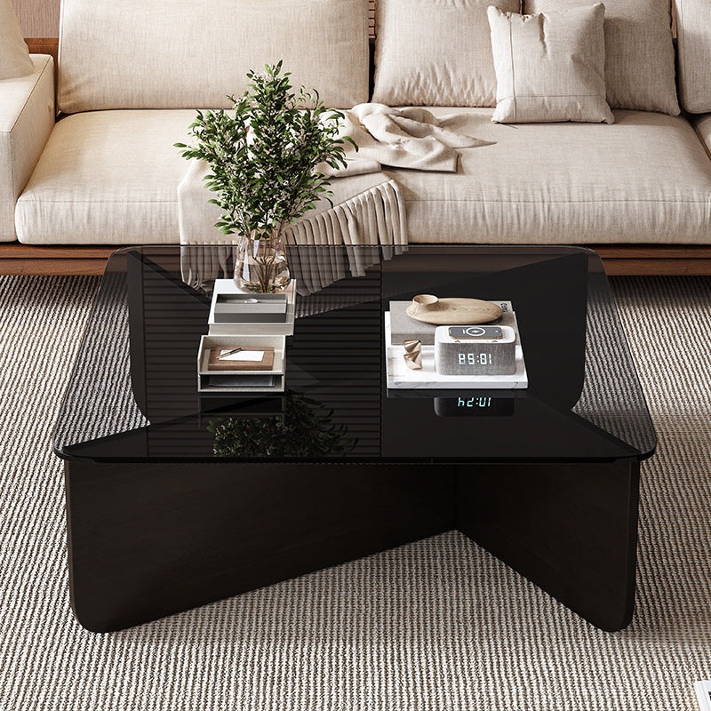 Contemporary Luxury Square Glass Solid Wood Interlocking Base Coffee Table For Living Room