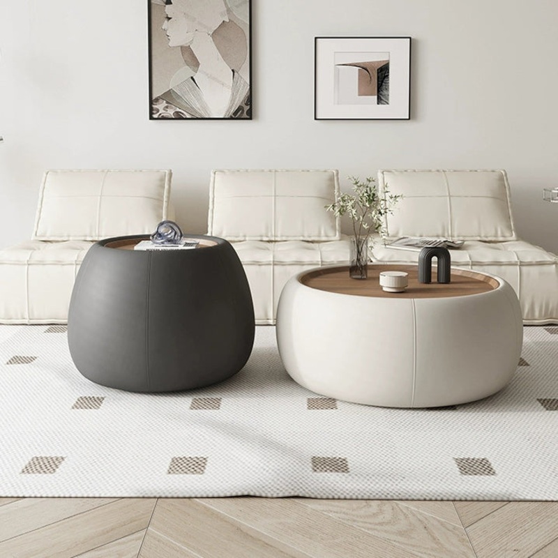 Contemporary Nordic Round Cube Leather Walnut Solid Wood Coffee Table 1 - Storage For Living Room