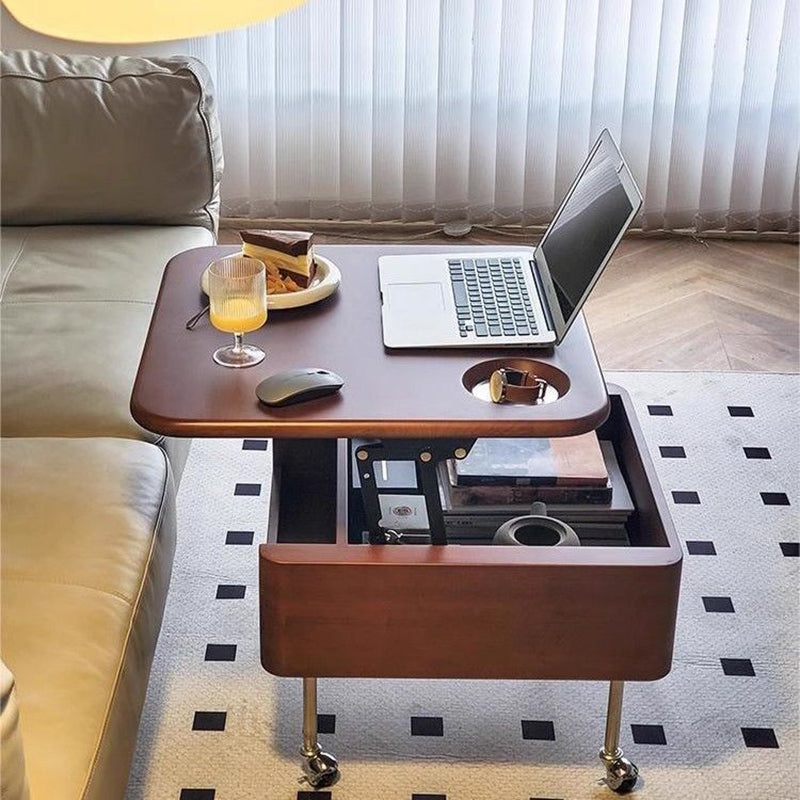 Contemporary Retro Rubber Wood Stainless Steel Hardware Square Liftable Movable Coffee Table 1-Storage For Living Room