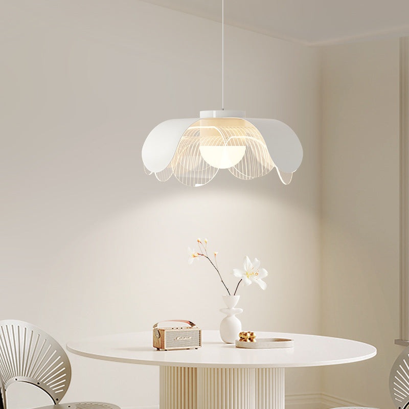 Contemporary Scandinavian Cream Flower Round Iron Acrylic LED Pendant Light For Dining Room