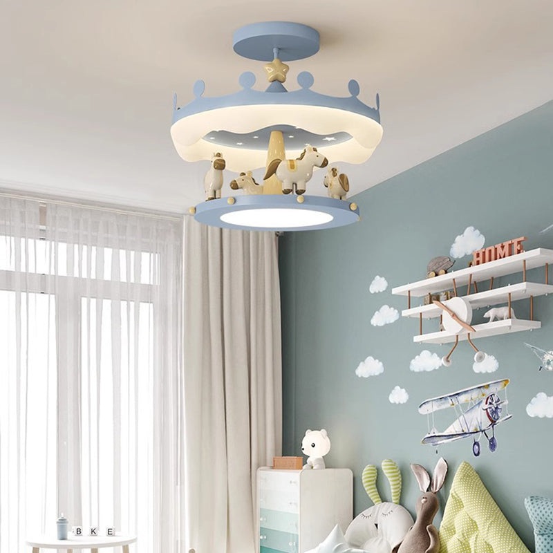 Modern Eclectic Kids Carousel Iron PE LED Semi-Flush Mount Ceiling Light For Bedroom