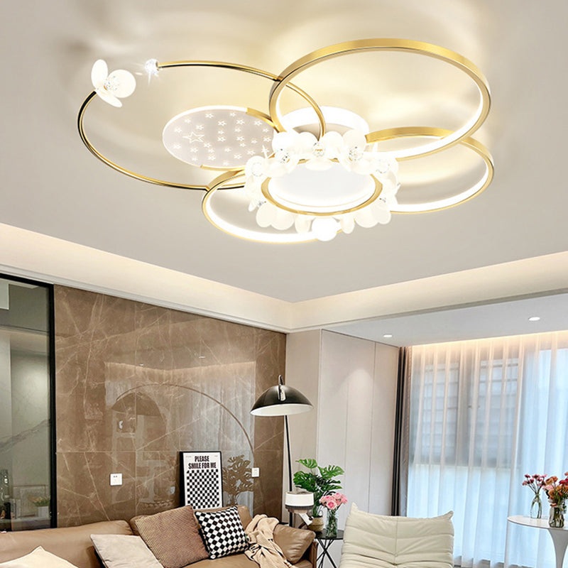 Modern Luxury Circle Iron Crystal Acrylic LED Semi-Flush Mount Ceiling Light For Living Room