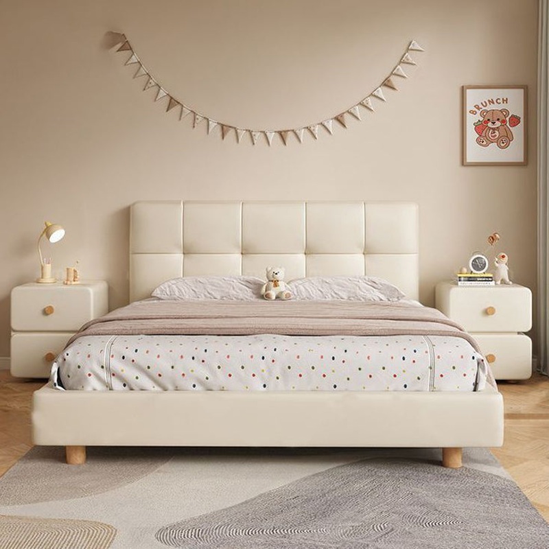 Modern Minimalist Cream Rectangle Square Leather Wood Nightstand 2-Drawer For Bedroom