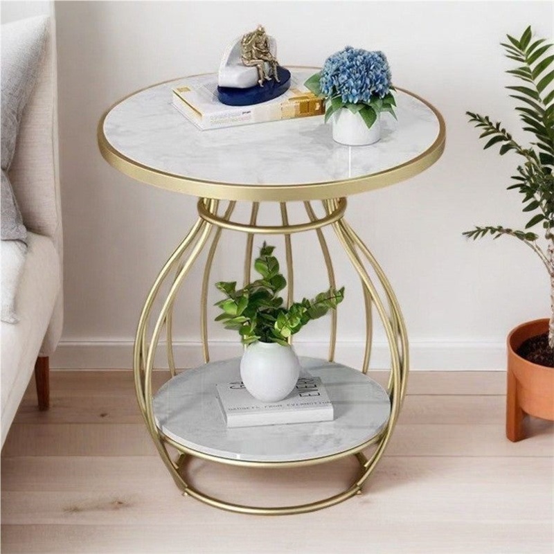 Modern Minimalist Round Oval Square Metal Rock Slab Side Table 2-Tier For Living Room