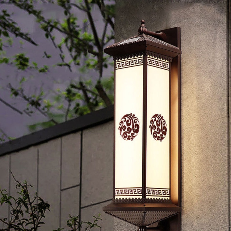 Traditional Chinese Waterproof ABS Aluminum Glass Rectangular Happiness Wealth Pattern LED Wall Sconce Lamp For Outdoor Patio