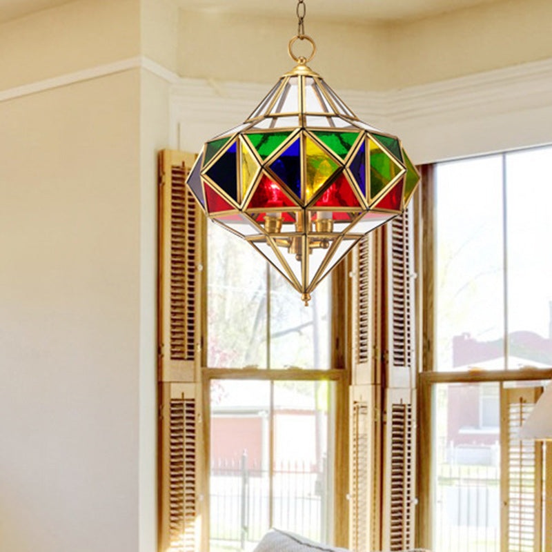 Traditional European Rhombus Diamond Cube Brass Glass Lampshade 3 - Light Pendant Light For Living Room